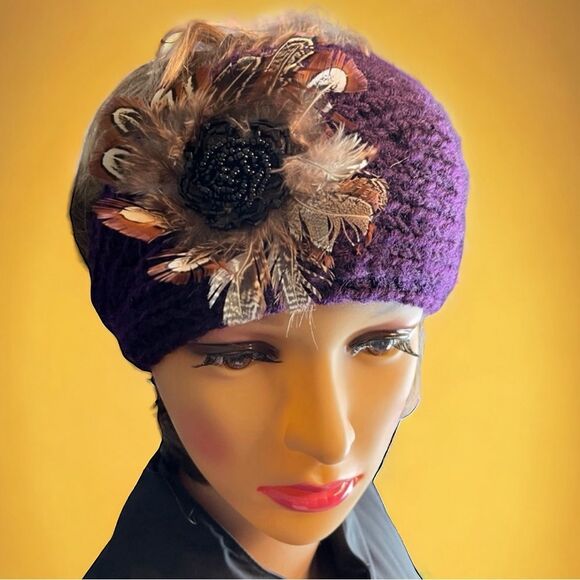 Winter Headband / Ear Warmer with Feather and Bead Flower - Picture 1 of 6